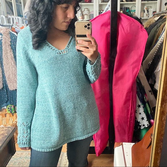 Chico’s Aqua Blue Crochet Knit V Neck Sweater - Picture 11 of 11